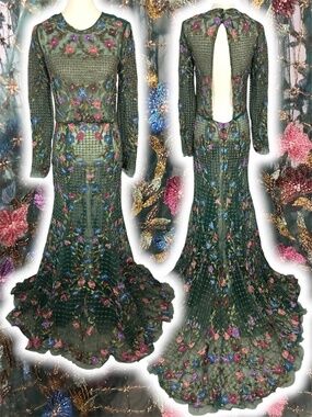 Monique Lhuillier Beaded Floral Gown 12 Embroidered Mesh Lace Green Runway Dress